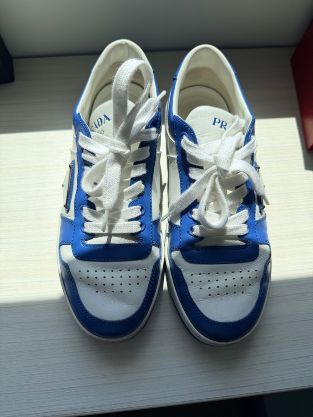 Prada Women’s White and Blue Leather Sneakers with Logo Plaque - Picture 3 of 4